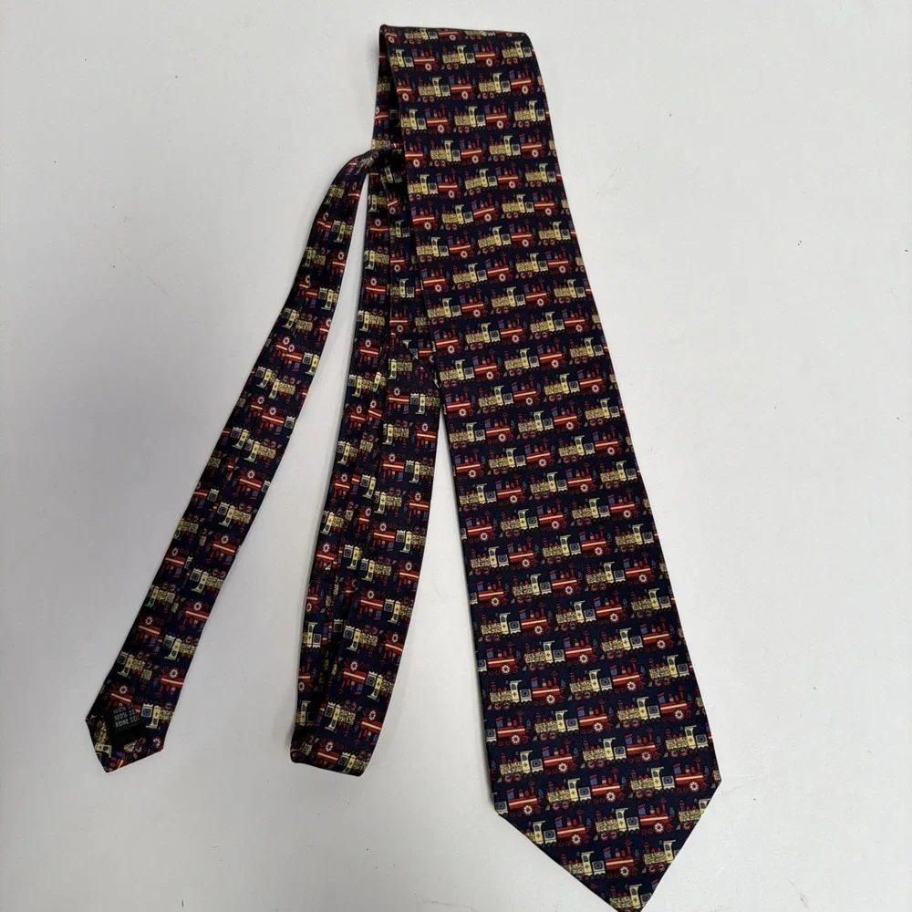 SINSABANG PURE SILK Men's Neck‎ Tie/Train Locomotive Navy Red Gold